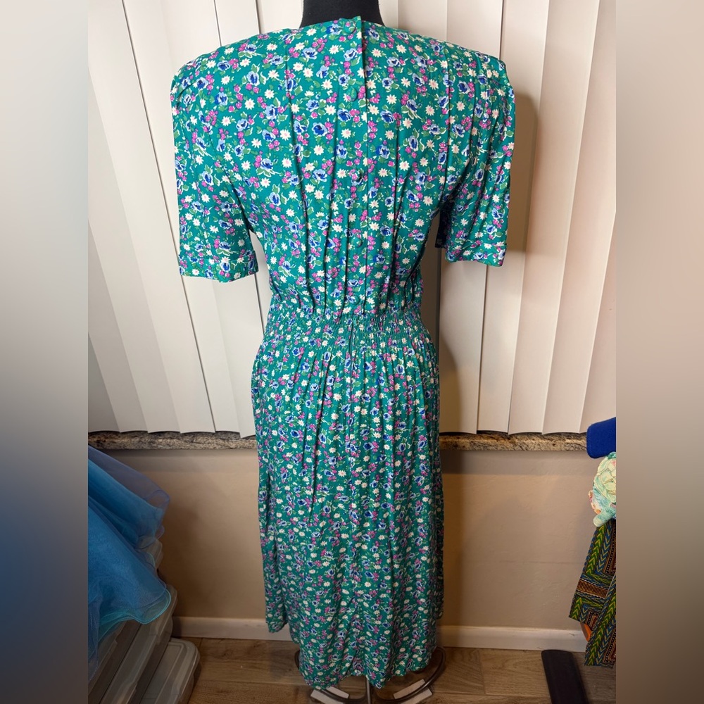 Vintage Karin Stevens teal floral dress short puff sleeve drop waist pleated 12 - Picture 6 of 8